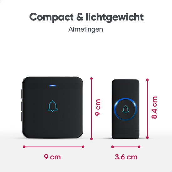 AVANTEK Draadloze deurbel met 1 ontvanger - Zwart - Bereik 400 meter - Waterdicht - Ontvangers zonder batterijen - 52 melodieën