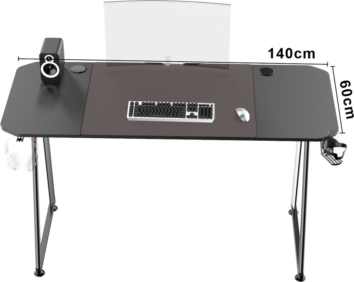 Bureau Gaming Ergonomique 140cm En T - Station De Travail Avec Tapis De Souris, Porte-gobelet Et Crochet Casque