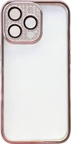 Casemania Hoesje Geschikt voor Apple iPhone 14 Plus Hoesje Rosegoud - Transparant Back Cover met Glitter Camera Bescherming