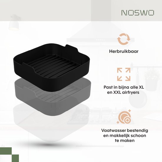 Noswo Airfryer Siliconen Bakje - Set van 4 Inclusief Wanten - 20.5x20.5 cm - Bakpapier Alternatief - Accesoires - Mand - Bakvorm - XXL