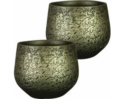Ter Steege Plantenpot/bloempot - 2x - keramiek - metallic donkergroen - touch of gold - D23/H20 cm