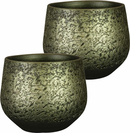 Ter Steege Plantenpot/bloempot - 2x - keramiek - metallic donkergroen - touch of gold - D23/H20 cm