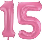 Folat Folie ballonnen - 15 jaar cijfer - glimmend roze - 86 cm - leeftijd feestartikelen verjaardag