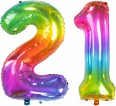 Folat Folie ballonnen - 21 jaar cijfer - glimmend multi-kleuren - 86 cm - leeftijd feestartikelen