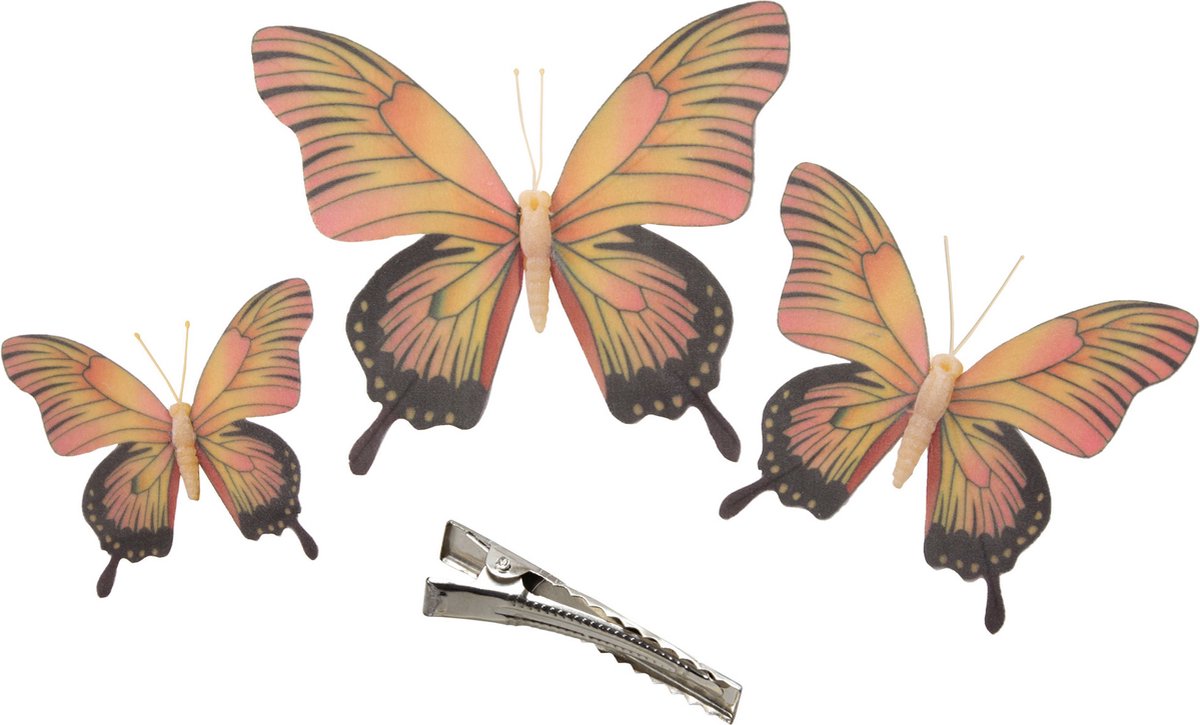 Othmar Decorations Decoratie vlinders op clip 6x stuks - geel/roze - 12/16/20 cm