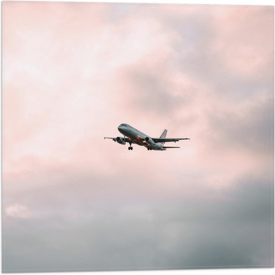 WallClassics - Vlag - Vliegtuig tussen de Wolken - 50x50 cm Foto op Polyester Vlag
