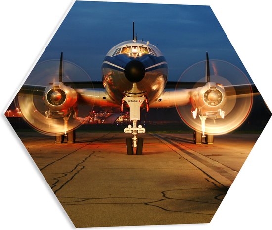 WallClassics - PVC Schuimplaat Hexagon - Vooraanzicht van Vliegtuig in de Avond - 50x43.5 cm Foto op Hexagon (Met Ophangsysteem)