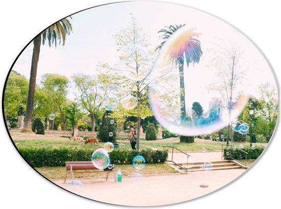 WallClassics - Dibond Ovaal - Park met Palmbomen en Bellenblaas - 40x30 cm Foto op Ovaal (Met Ophangsysteem)