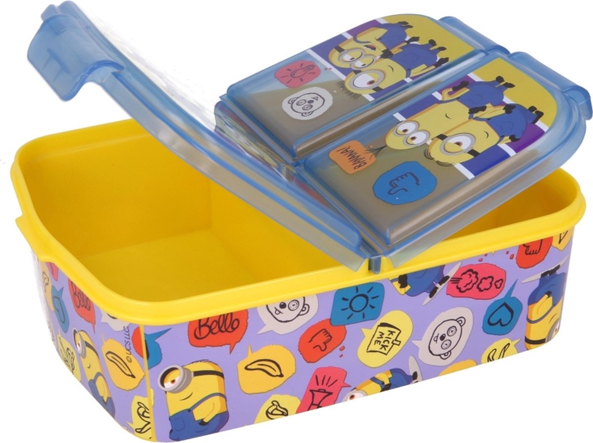 Minions Multi Broodtrommel 3 vakjes - Officieel gelicentieerd - 18x13 cm - Brooddoos - Lunchbox