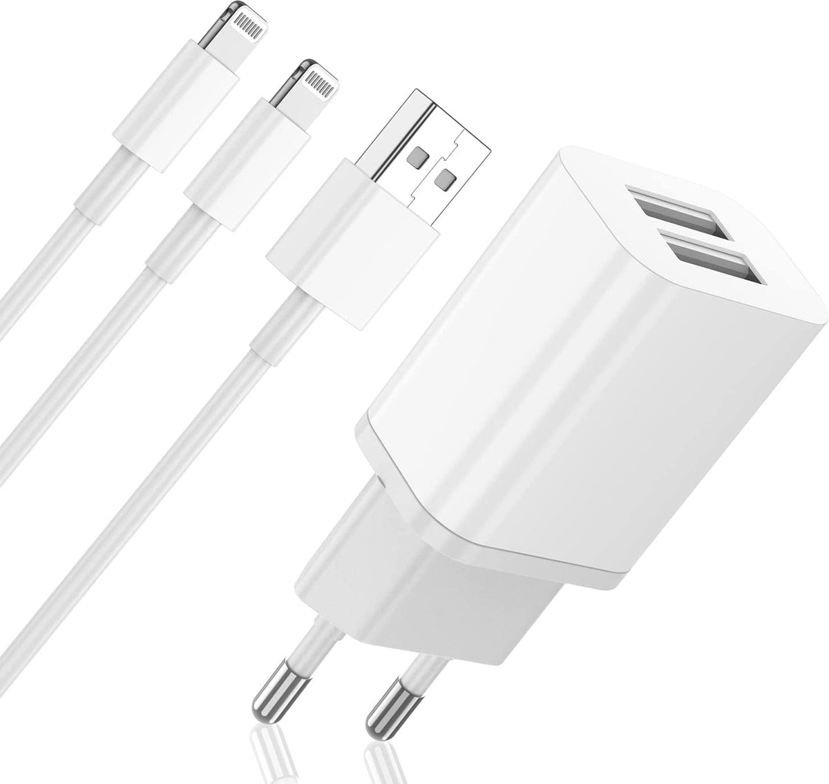 Adapter USB Stekker met 2 USB Poorten + 2x USB naar 8-PIN Kabel - Geschikt voor iPhone - 12W Opladen - Thuislader - Dual USB Poort Quick Charge - Dubbele USB-A Poort - Blokje