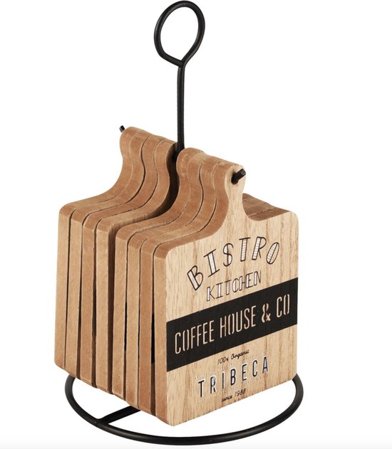Set van 8 onderzetters hout Bistro naturel/zwart op staandaard