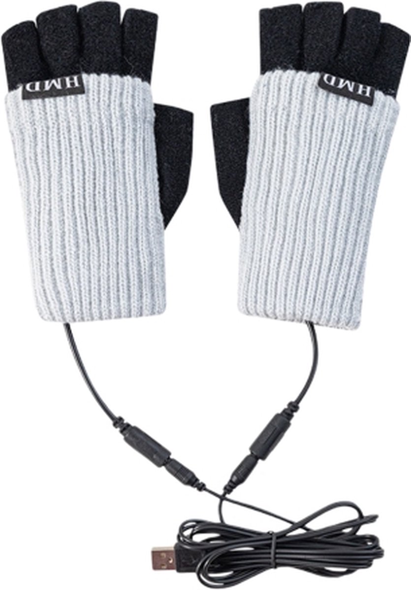 Winter USB oplaadbare verwarmde halve vingerhandschoenen, maat: gratis maat (lichtgrijs)