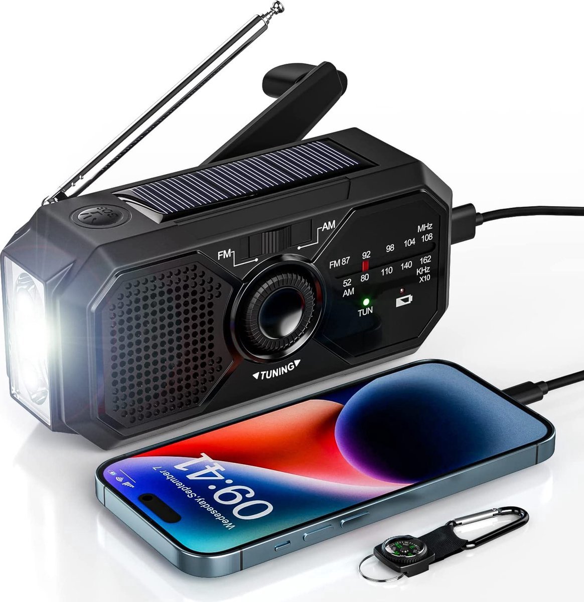 Zwarte Noodradio met LOS COMPAS – Solar Emergency Radio – Kamperen Outdoor Survival Radio – Powerbank – Zaklamp – Zonne Energie