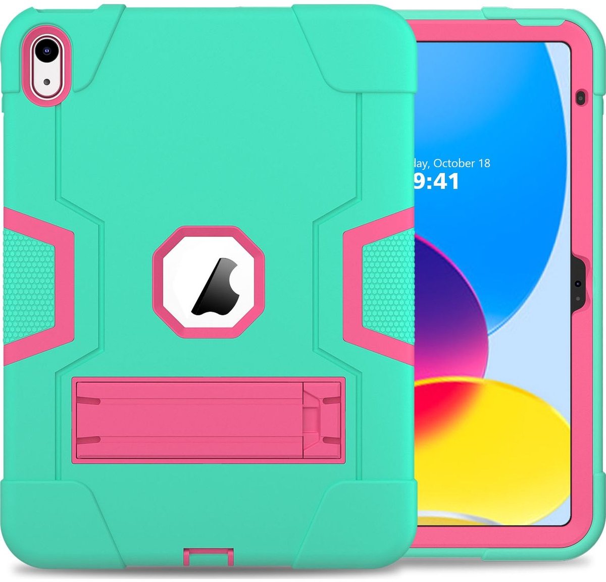 Apple iPad 10 10.9 (2022) Hoes - Mobigear - ShieldStand Serie - Hard Kunststof Backcover - Roze / Turquoise - Hoes Geschikt Voor Apple iPad 10 10.9 (2022)
