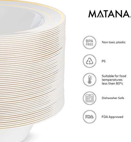 Een stapel witte plastic kommen met een gouden rand. Iconen tonen BPA-vrij, PS-recycling, temperatuur en FDA-goedkeuring.