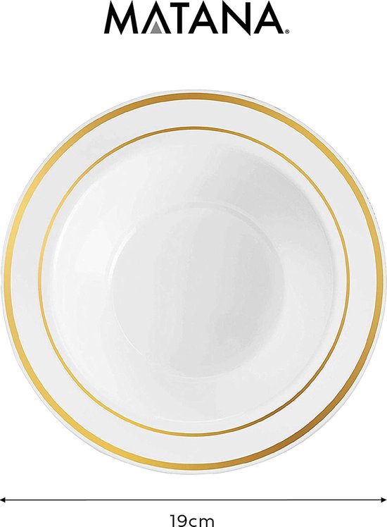 Een witte kom met een gouden rand, van het merk Matana. De maat 19cm wordt aangegeven.