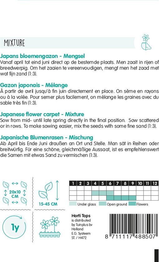 Verpakking met plantinstructies, een kalender en de tekst 'Japans bloemengazon - Mengsel'.