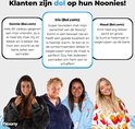 Vier jonge volwassenen die glimlachen en Noony hoodie dekens dragen in verschillende prints.