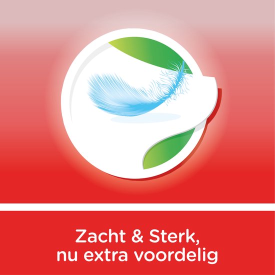 Rode verpakking met witte cirkel en blauwe veer. Tekst: Zacht & Sterk, nu extra voordelig.