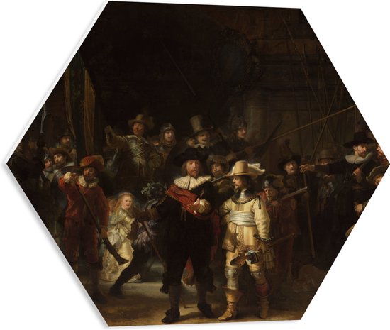 PVC Schuimplaat Hexagon - De Nachtwacht, Rembrandt van Rijn, 1642 - Oude Meesters - 50x43.5 cm Foto op Hexagon (Met Ophangsysteem)