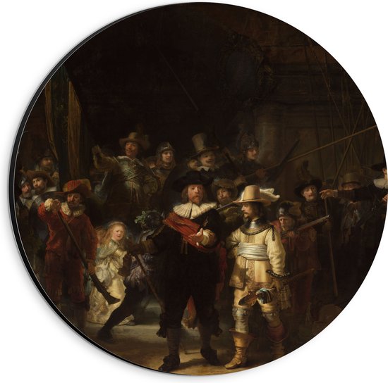Dibond Muurcirkel - De Nachtwacht, Rembrandt van Rijn, 1642 - Oude Meesters - 20x20 cm Foto op Aluminium Muurcirkel (met ophangsysteem)