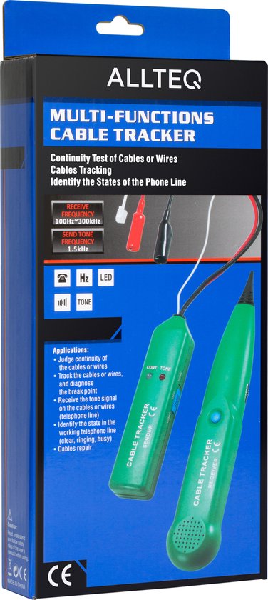 Verpakking van de Allteq Multi-Functions Cable Tracker met afbeeldingen van de set.