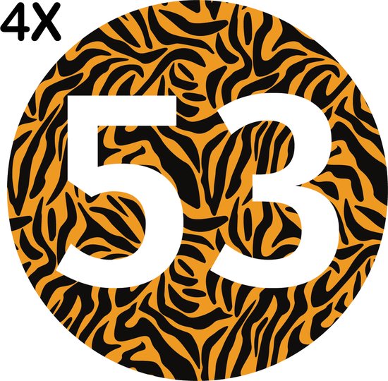 Containerstickers Huisnummer "77" - 25x25cm - Tijger Print Cirkel met Wit Nummer- Set van 4 dezelfde Vinyl Stickers - Klikostickers