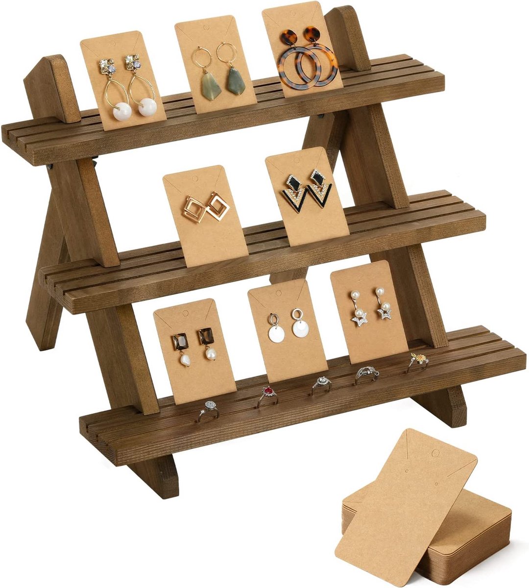 Earring Display Stand, 3-Tier Wooden Earring & Ring Holder Organizer Cascading Showcase Jewelry Stand Earring Cardboard Display Shelf Stand Card Holder for Tabletop Shows, Brown
