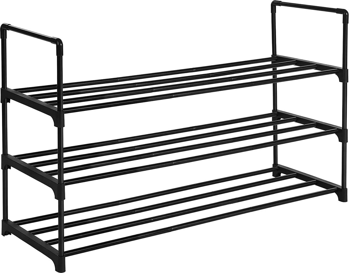 MAZAZU - Industrieel Schoenenrek Zwart - 3 Lagen - Extra Breed (92cm) - Voor 12-15 Paar Schoenen - Stapelbaar Opbergrek - Metaal & Kunststof - Hal Organizer