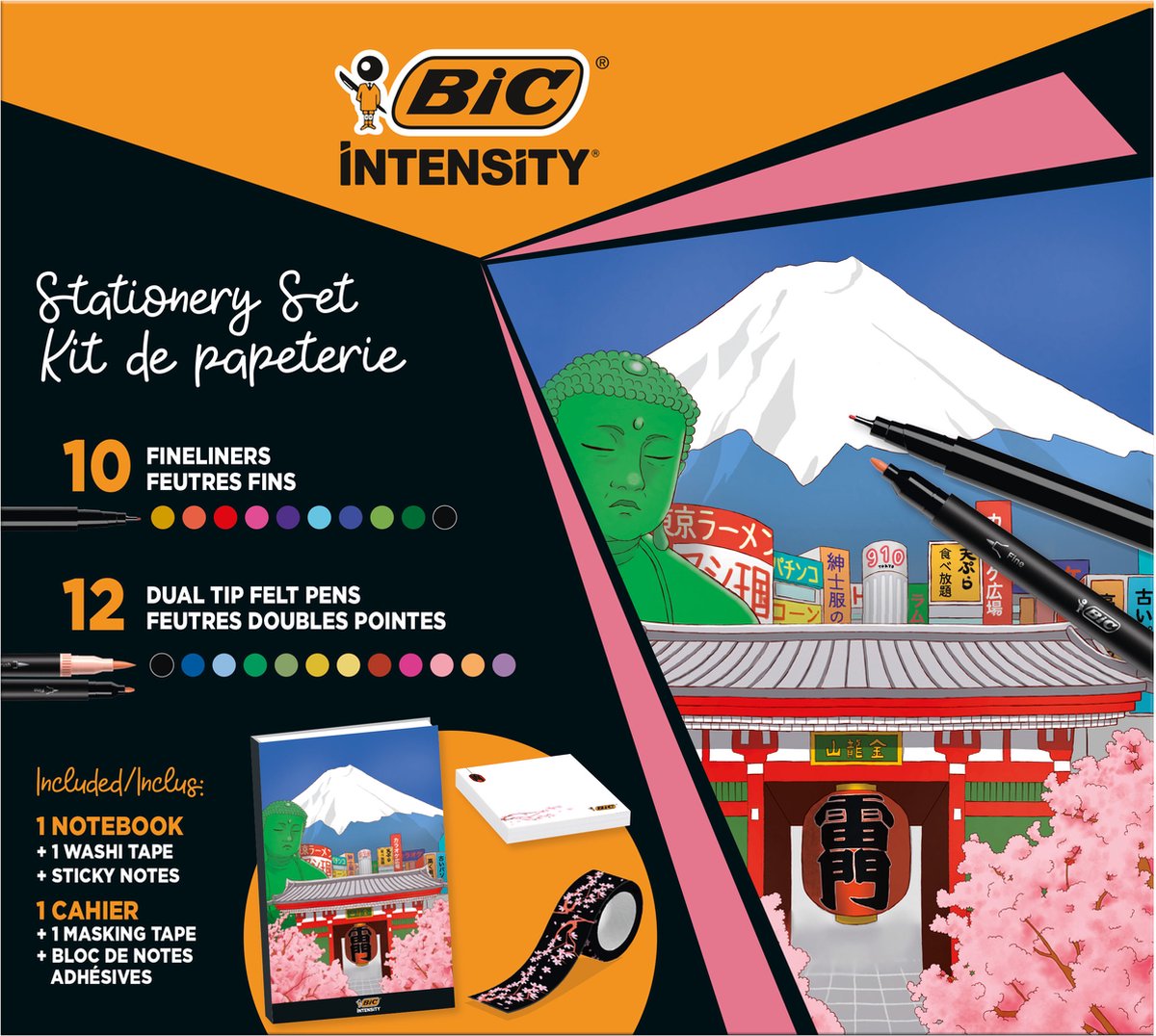 BIC Intensity Japan Stationery Kit - Assorted Colours - Set of 25 Pieces - With Fineliners, Dual-Tip Felt Pens, Washi Tape, Sticky Notes, Notebook