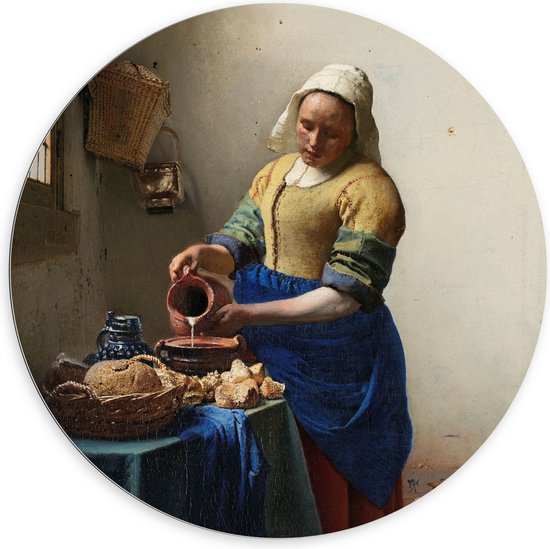 Dibond Muurcirkel - Het melkmeisje, Johannes Vermeer, ca. 1660 - 100x100 cm Foto op Aluminium Muurcirkel (met ophangsysteem)