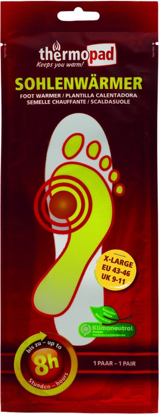 Emballage de semelle chauffante thermopad. Montre un pied avec des zones chaudes et 'X-LARGE EU 43-46 UK 9-11'.