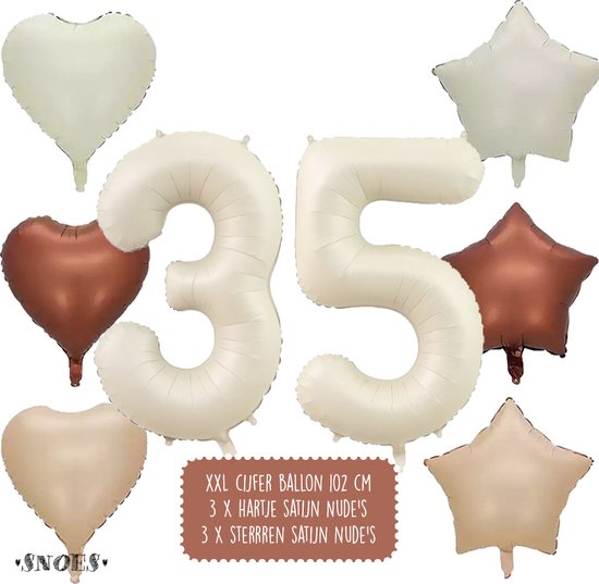 35 Jaar Cijfer Ballon - Snoes - Satijn Creme Nude Ballonnnen - Heliumballon - Folieballonnen