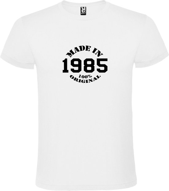 Wit T-Shirt met “Made in 1985 / 100% Original “ Afbeelding Zwart Size S