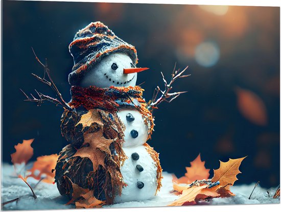 Acrylglas - Sneeuwpop met Takken Armen tussen de Herfstbladeren - 100x75 cm Foto op Acrylglas (Met Ophangsysteem)