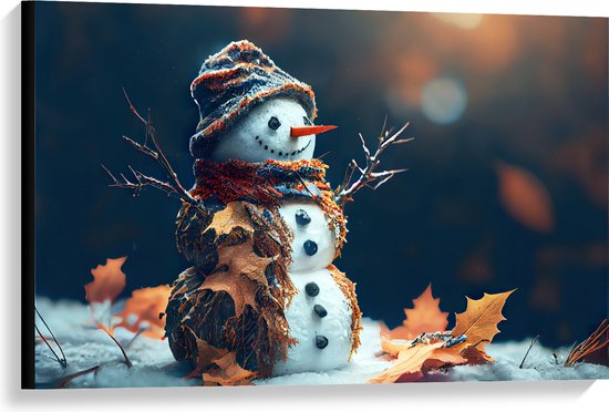 Canvas - Sneeuwpop met Takken Armen tussen de Herfstbladeren - 90x60 cm Foto op Canvas Schilderij (Wanddecoratie op Canvas)