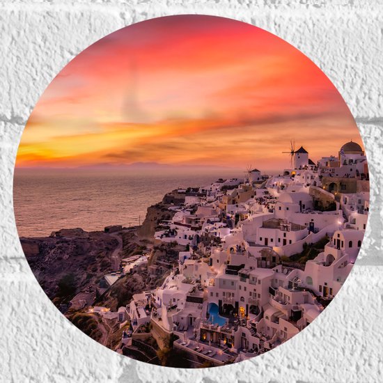 Muursticker Cirkel - Uitzicht over Klassieke Griekse Stad tijdens de Zonsondergang - 20x20 cm Foto op Muursticker