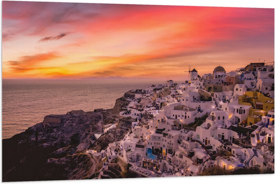 Vlag - Uitzicht over Klassieke Griekse Stad tijdens de Zonsondergang - 120x80 cm Foto op Polyester Vlag