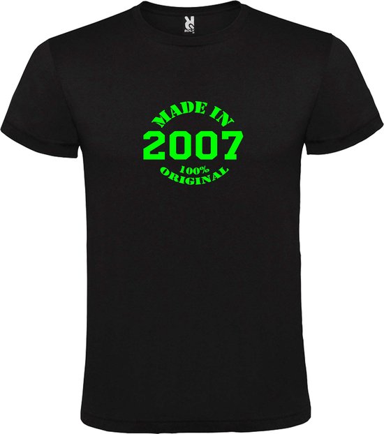 Zwart T-Shirt met “Made in 2007 / 100% Original “ Afbeelding Neon Groen Size XXXL