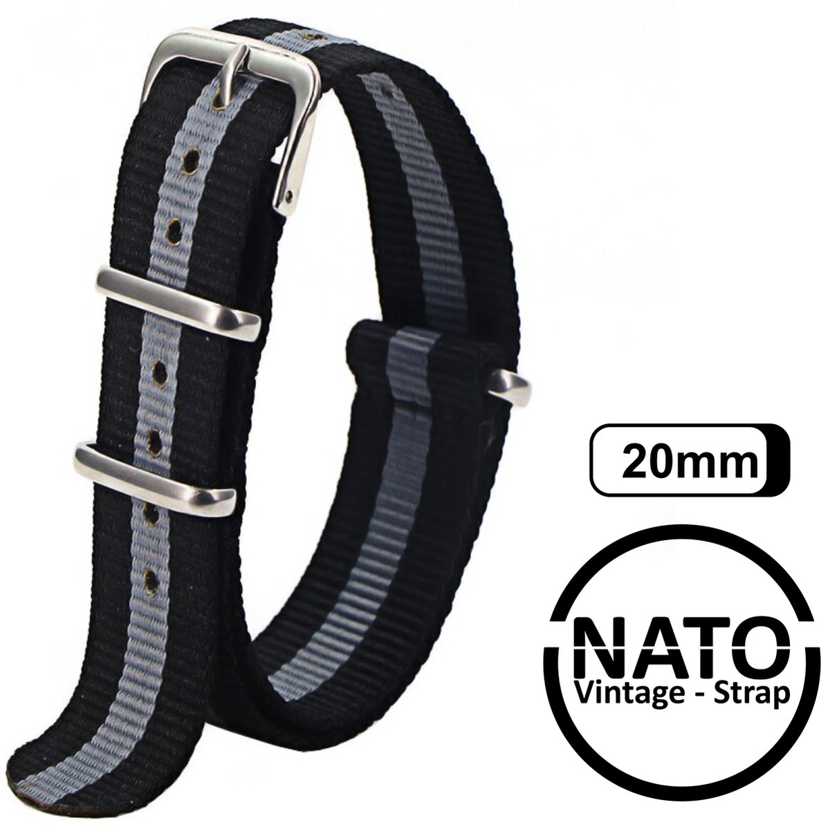 20mm Premium Nato Strap Zwart Grijs - Vintage James Bond - Nato Strap collectie - Mannen - Vrouwen - Horlogeband - 20 mm bandbreedte voor oa. Seiko Rolex Omega Casio en Citizen