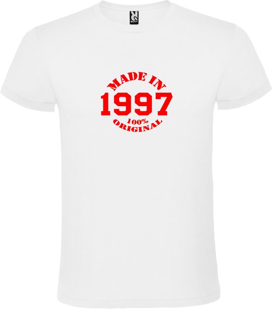 Wit T-Shirt met “Made in 1997 / 100% Original “ Afbeelding Rood Size XS