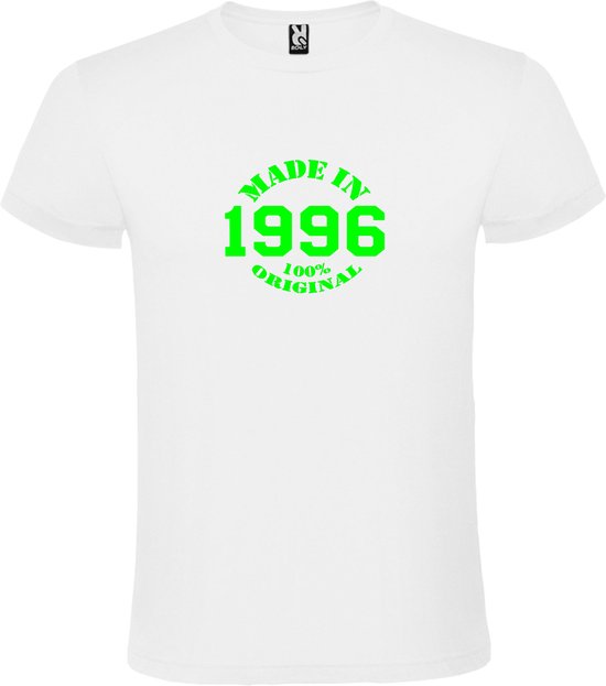 Wit T-Shirt met “Made in 1996 / 100% Original “ Afbeelding Neon Groen Size S