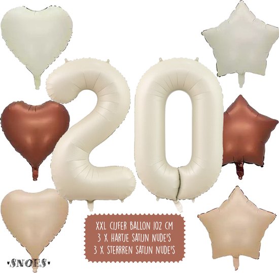 20 Jaar Cijfer Ballon - Snoes - Satijn Creme Nude Ballonnnen - Heliumballon - Folieballonnen
