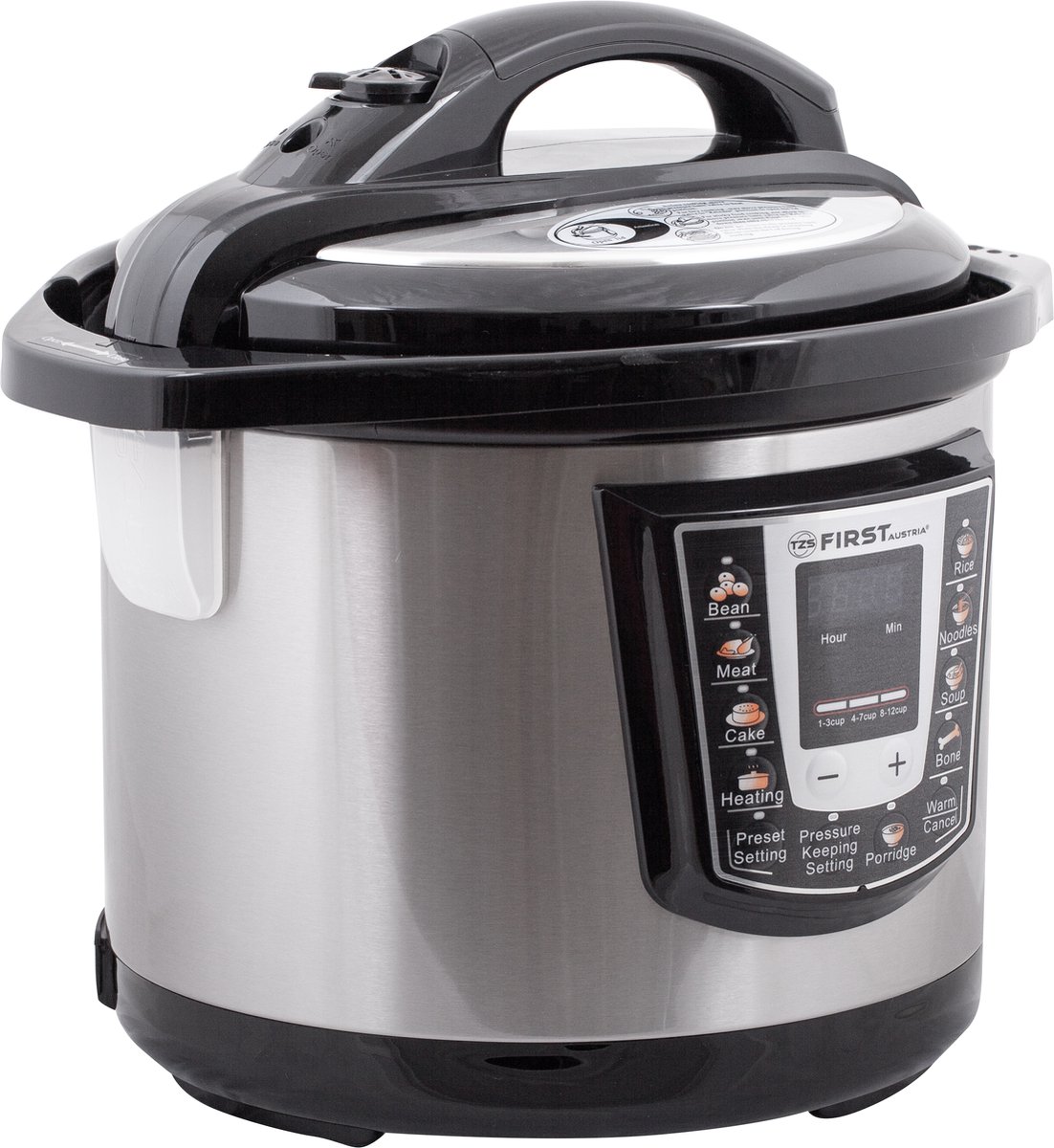 Afbeelding 2 van TZS First Austria Multicooker - 6L - 1000W - Snelkookpan - Rijstkoker - 9 Kookfuncties - RVS - Timer - Zilver