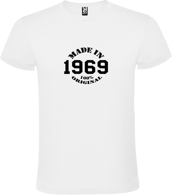 Wit T-Shirt met “Made in 1969 / 100% Original “ Afbeelding Zwart Size XXXXL