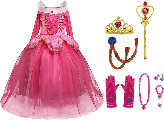 Prinsessenjurk - Roze - maat 134/140 (140) - Kroon - Toverstaf - Korte Handschoenen - Juwelen - Verkleedkleren Meisje - Carnavalskleding meisje - Cadeau meisje - Kleed - Verjaardag meisje