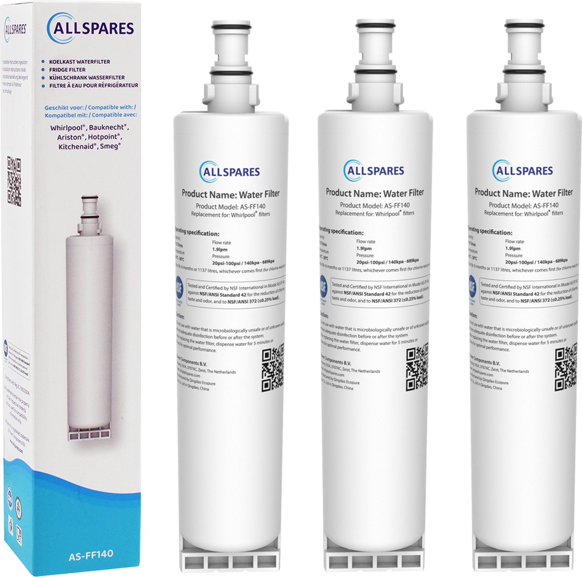 AllSpares Waterfilter (3x) voor koelkast geschikt voor Whirlpool SBS002 / SBS200
