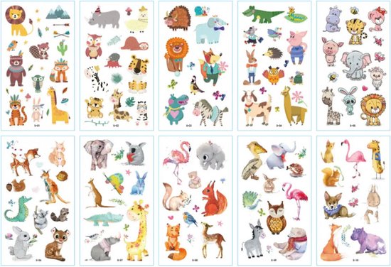 Jungle Dieren Tattoos - 10 Vellen - Tijdelijke Tattoo - Plak Tattoo - Jongens - Meisje - Tattoos Kinderen Jongens - Tattoo voor Kinderen - Neptattoo - Fake Tattoo - Temporary Tattoo - Wildlife - Dierentuin Dieren - Leeuw - Giraffe - Olifant - Sticker