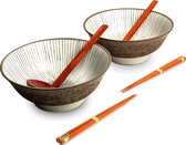 Luxe - Ramenbowlset - Shima - 2 Persoons - Ramen bowl set - 6 Delig - Ø22 cm H9 cm - Ramen - Ramen bowl - Noodles - Noodles ramen - Noodle kom - Sushi stokjes - Houten Lepel - Chopsticks - Eetstokjes - Soeplepel - Kom - Schaal - Sushi servies
