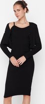 Trendyol Vrouwen Standaard mouw V-hals lichaamskegel Zwart Zwart Getailkunstleerd Midi Knitwear Vest Rokkostuum TWOSS21EL0208 Jurk TWOSS21EL0208